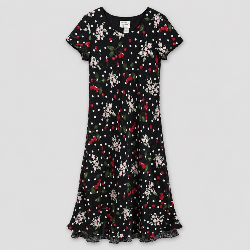 Y2K Dress-U Cherry Fruit Dress 7/8 Sm Black Polka Dot Retro Bias Coquette Kitsch